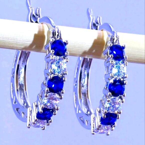 Beautiful Blue and White 2.20 Ct. Sapphire Hoop Earrings 14K White Gold on 925  - Picture 1 of 8